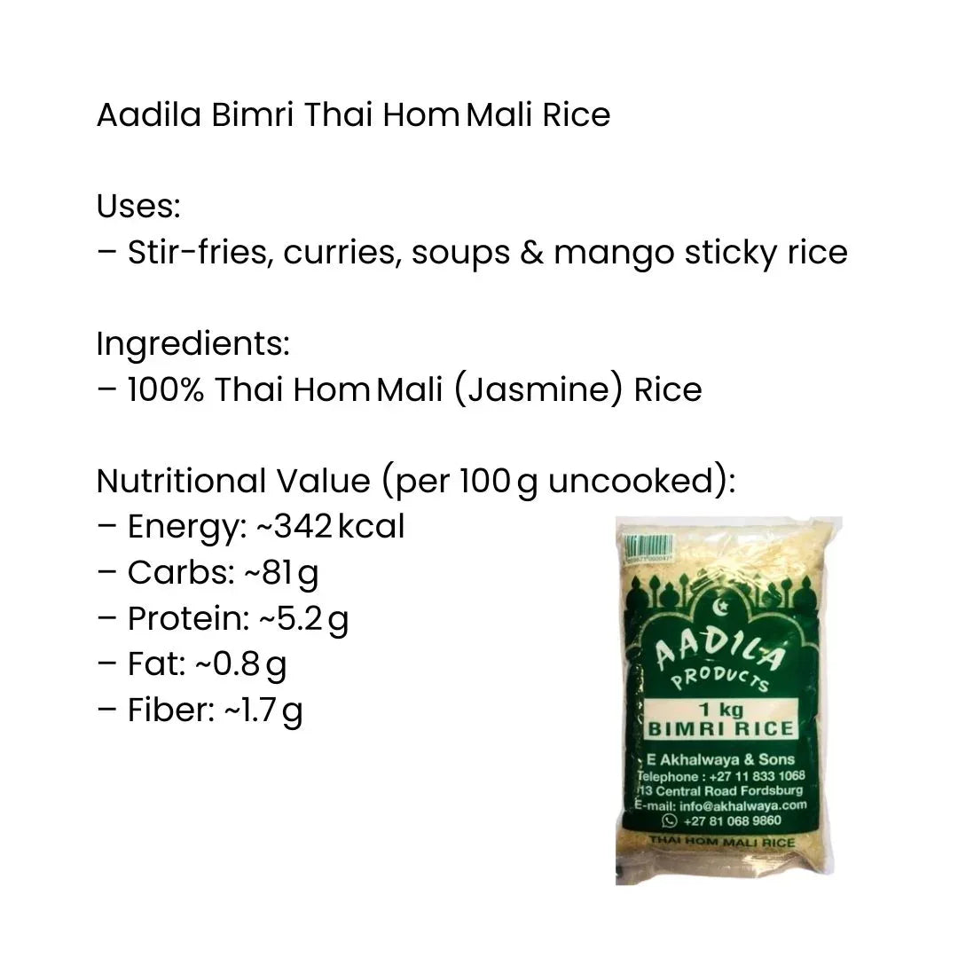 Aadila Thai Hom Mali Rice (Jasmine Rice) | 1kg - Fragrant Soft Sticky Rice, Perfect for Asian Curries, Stir-Fries & Sticky Dishes | South Africa | India Bazaar