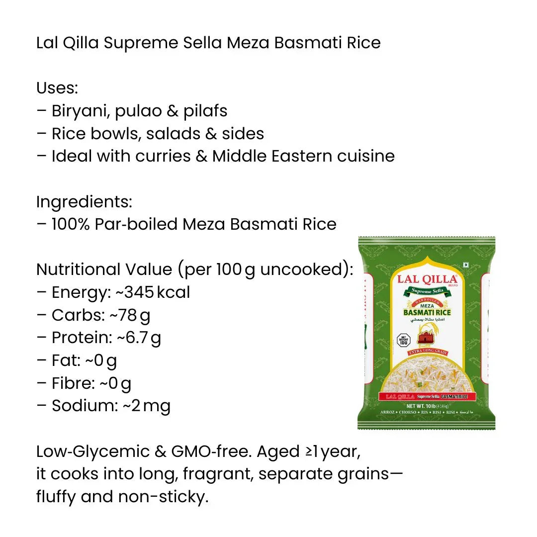 Lal Qilla Supreme Sella Parboiled Meza Basmati Rice Extra Long Grain | 5kg