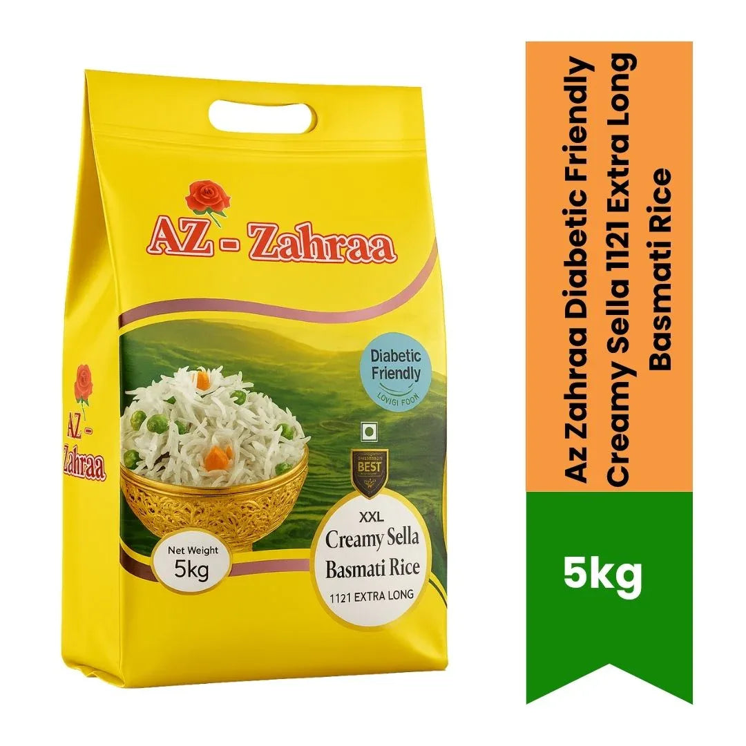 Az Zahraa Creamy Sella 1121 Basmati Rice | 5kg | Diabetic Friendly, Extra Long & Non-Sticky | South Africa