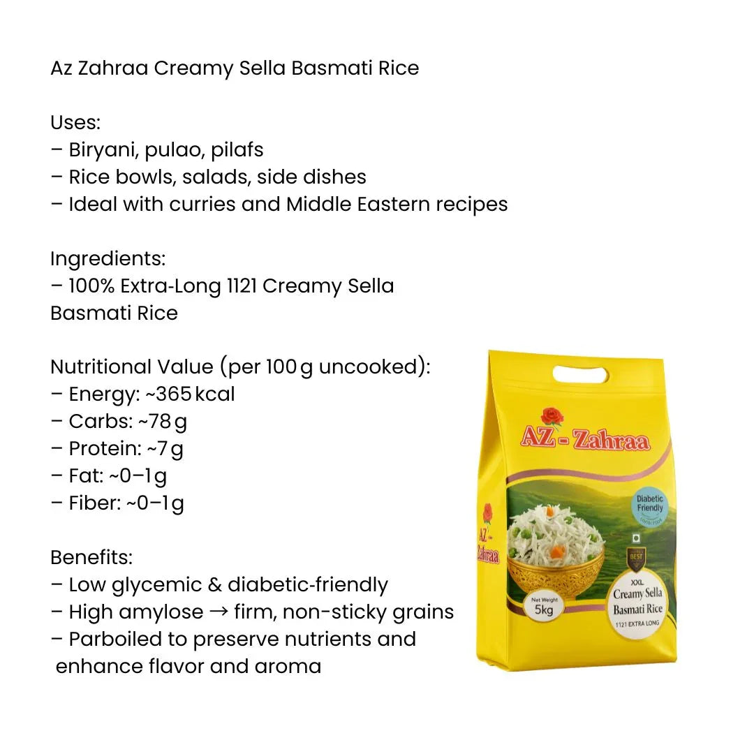 Az Zahraa Creamy Sella 1121 Basmati Rice | 5kg | Diabetic Friendly, Extra Long & Non-Sticky | South Africa