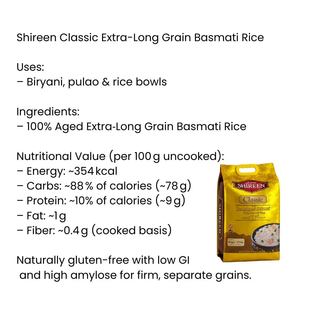 Shireen Classic Extra Long Basmati Rice | 5kg - Premium Aromatic Slender Grain for Pulao & Biryani, Non-Sticky Fluffy Texture | South Africa | India Bazaar