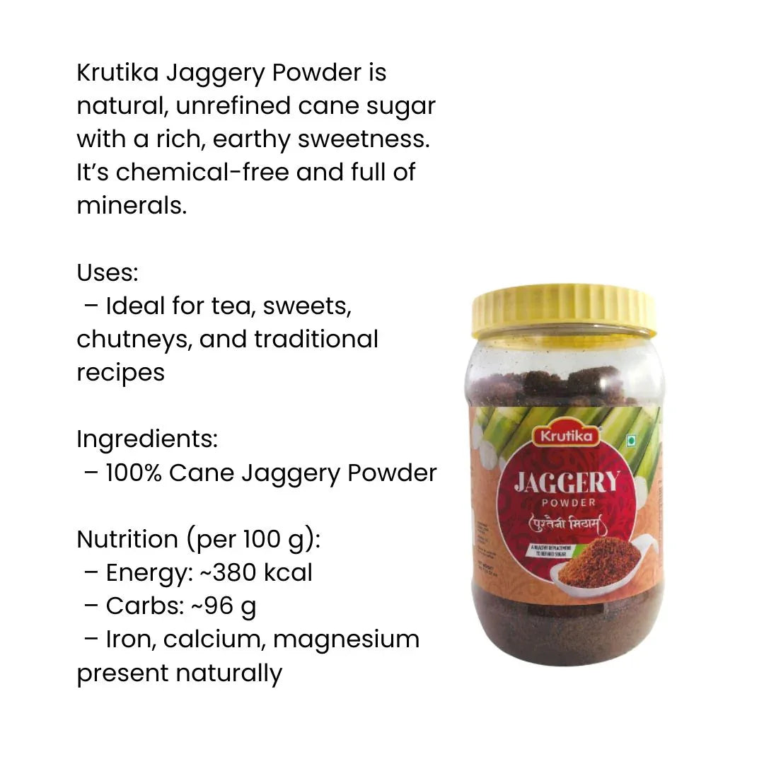 Krutika Jaggery Powder (Gur Powder / Gor No Bhuso) - Natural Unrefined Cane Sugar Sweetener for Traditional Sweets, Gujarati Dals & Healthy Cooking | South Africa | India Bazaar