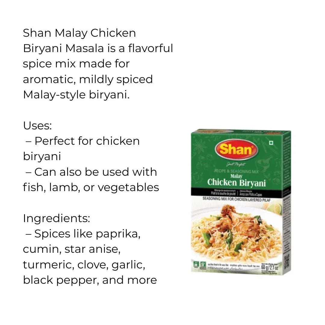 Shan Malay Chicken Biryani Seasoning and Recipe Mix | 60g - Zesty & Tangy Regional Spice Blend for Flavorful Slow-Cooked Poultry Rice Dishes | South Africa | India Bazaar