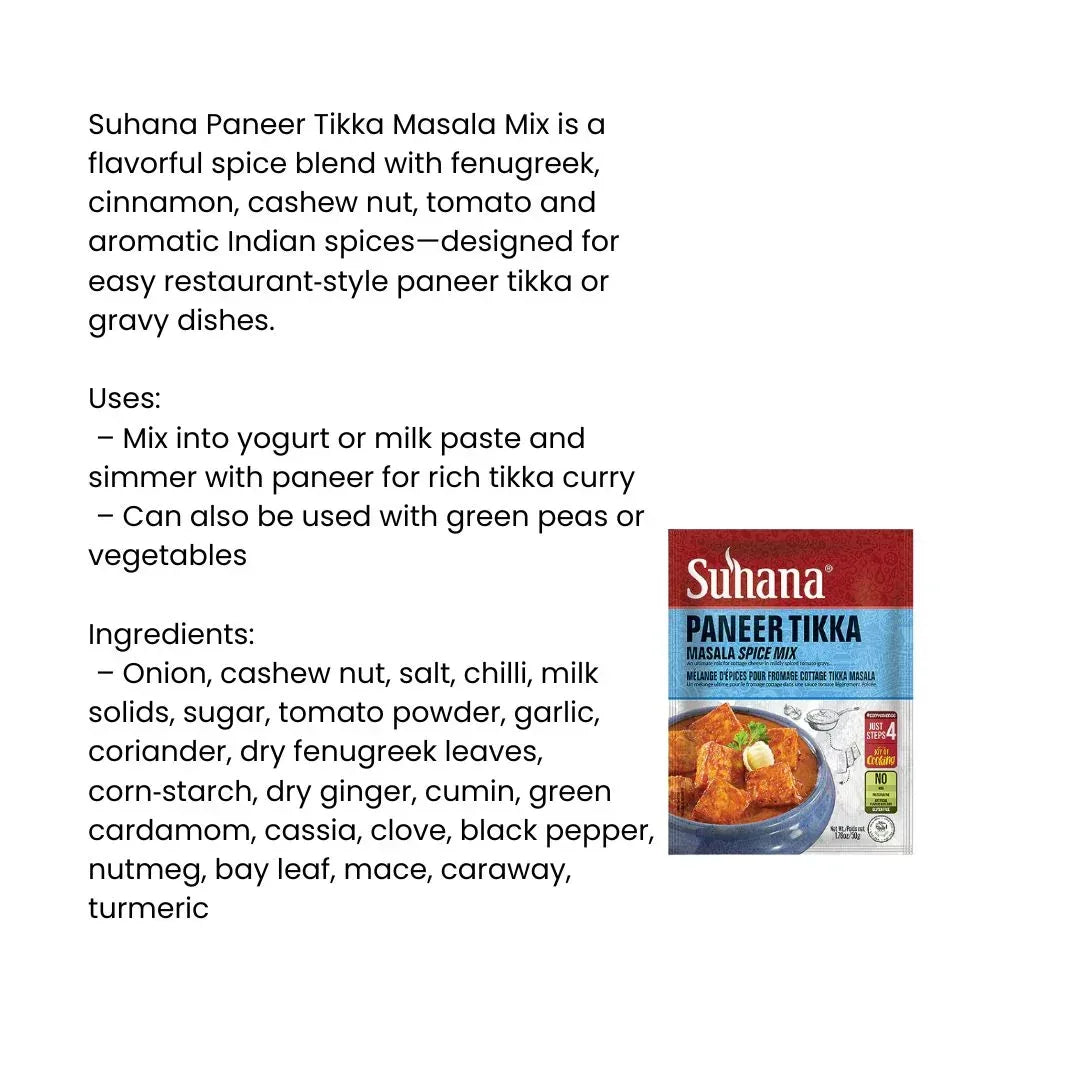 Suhana Paneer Tikka Masala Mix 50g | Make Creamy Cottage Cheese, Chicken or Veg in a Rich Tomato Sauce | Easy Cooking Mix | South Africa | India Bazaar