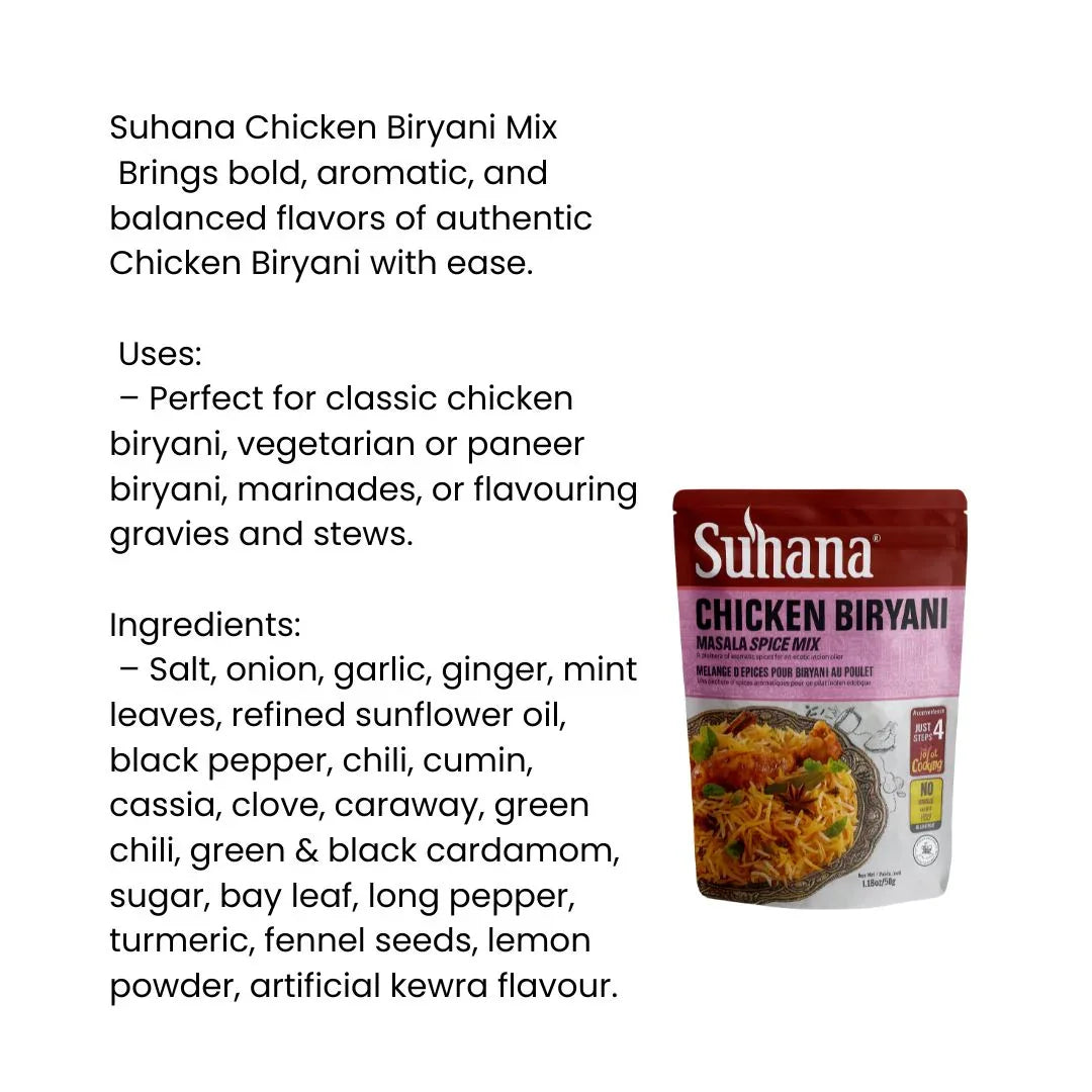 Suhana Chicken Biryani Masala Mix 50g | Make Durban-Style Chicken Biryani for Rice & Family Meals | Easy Cooking Mix | South Africa | India Bazaar