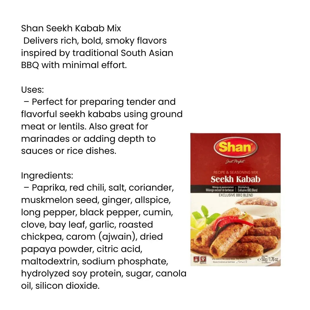 Shan Seekh Kabab Seasoning and Tandoori Skewer Mix | 50g - Richly Spiced Warm Aromatic Ground Meat Binder for Charcoal Braai or Grilled Mince Roll-Ups | South Africa | India Bazaar