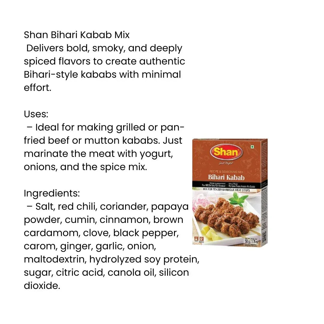 Shan Bihari Kabab Seasoning and Tenderizer Mix | 50g - Ultra-Soft Melt-in-Mouth Mustard-Infused Meat Paste Powder for Authentic Smokey Braai Strips | South Africa | India Bazaar