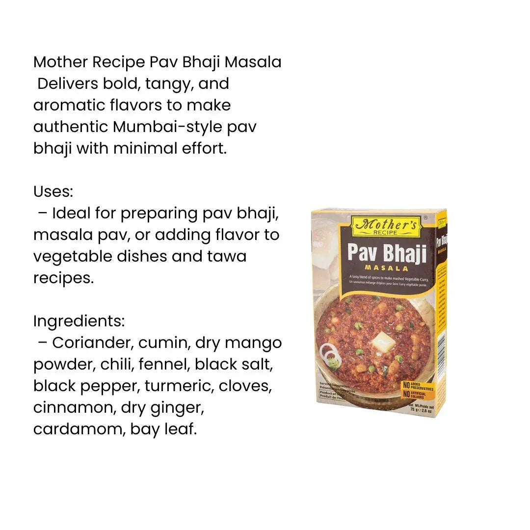 Mother's Recipe Pav Bhaji Masala (Bombay Street-Style Veg Spice) | 100g - Bold Tangy Mashed Vegetable Gravy Powder Blend, Perfect with Buttered Soft Buns | South Africa | India Bazaar