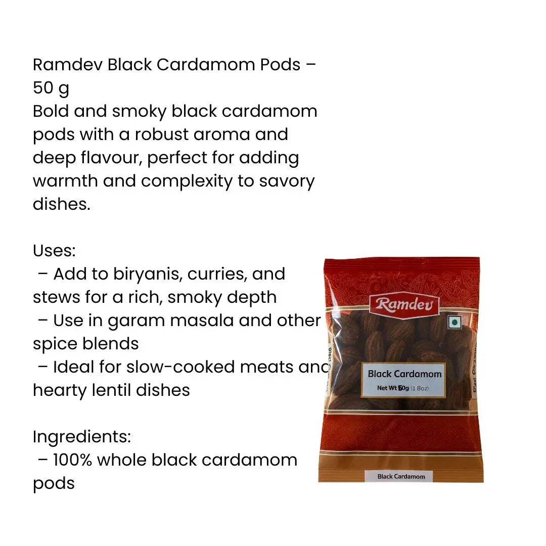 Ramdev Black Cardamom Pods (Badi Elaichi) | 50g - Authentic Smoky Spice for Rich Meat Curries, Biryani & Bold Garam Masala Mixes | South Africa | India Bazaar
