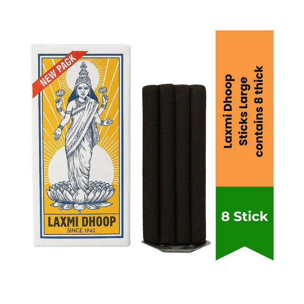 Laxmi Dhoop Sticks Large contains 8 thick, core-free dhoop sticks