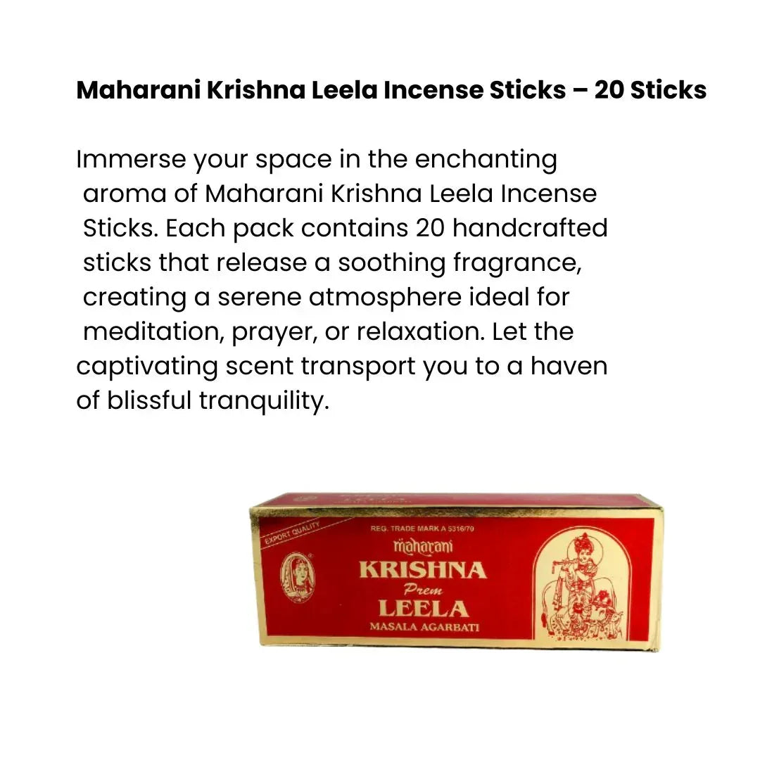 Maharani Krishna Prem Leela Incense Sticks (Agarbatti) | Box Pack - Premium Sweet Mystic Floral Aroma for Devotional Mandir Prayers & Meditation Peace | South Africa | India Bazaar