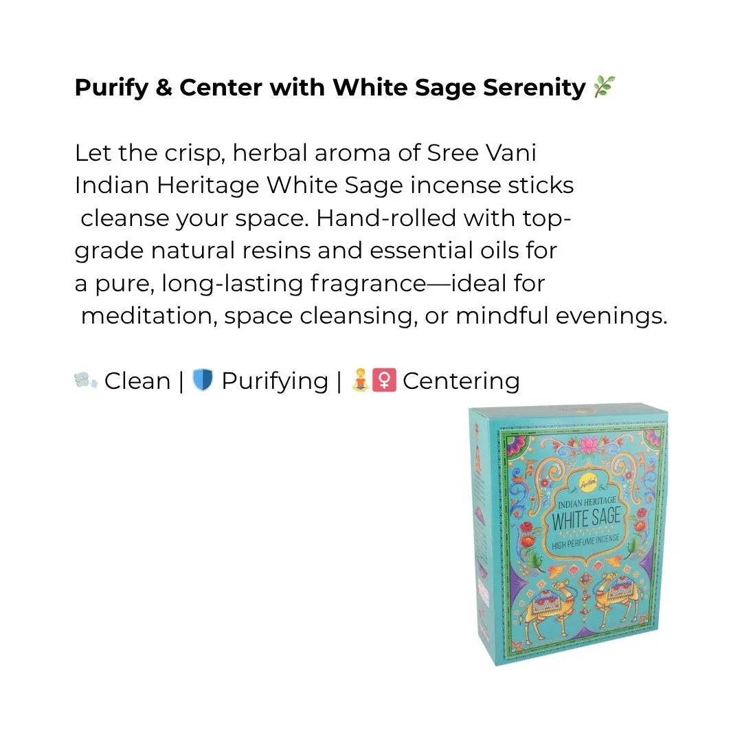 Sree Vani Indian Heritage White Sage High Perfume Incense Sticks | Value Pack - Native American Smudge Alternative for Aura Purification & House Warming Blessing | South Africa | India Bazaar