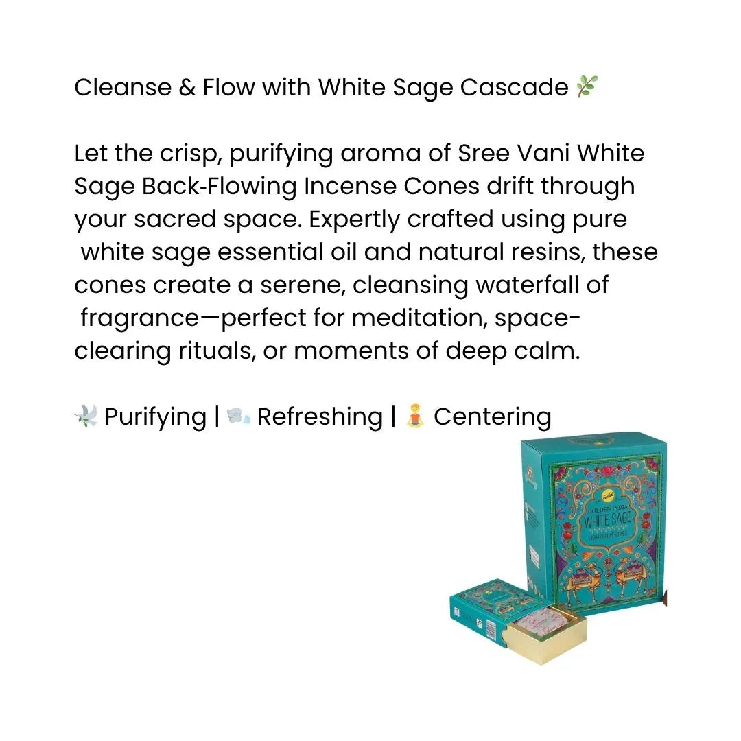 Sree Vani White Sage Backflow Incense Cones (Aura Cleaning Dhoop) | Pack of 12 - Sacred Smoke Cascading Cones to Repel Bad Odours & Invite Zen Peace | South Africa | India Bazaar