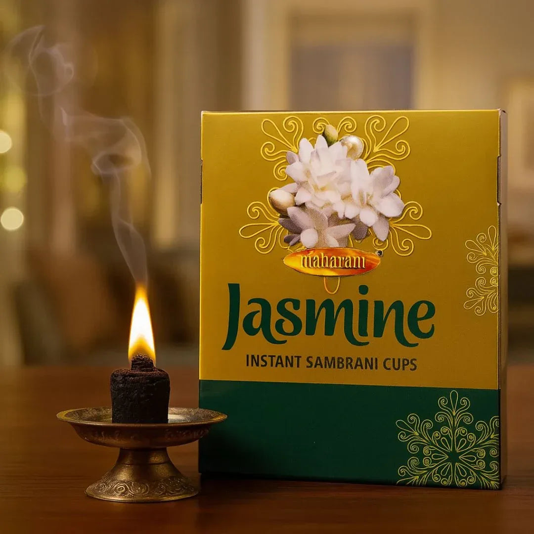 Maharani Jasmine Instant Sambrani Cups (Mogra Dhoop Cups) | Box Pack - Charcoal Embedded Real Benzoin Resin Cups with Sweet Floral Notes for Ritual Hawans | South Africa | India Bazaar