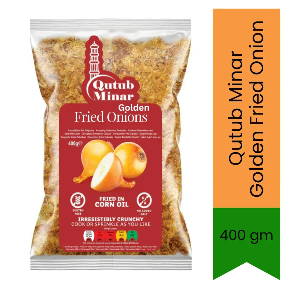Qutub Minar Crispy Fried Onions Flakes (Tali Hui Pyaz Biryani Crumb) | 400g - Golden Crunchy Savoury Topping for Chicken Biryani Garnishing, Burgers, Hot Dogs & Rice Curry Bases | South Africa | India Bazaar