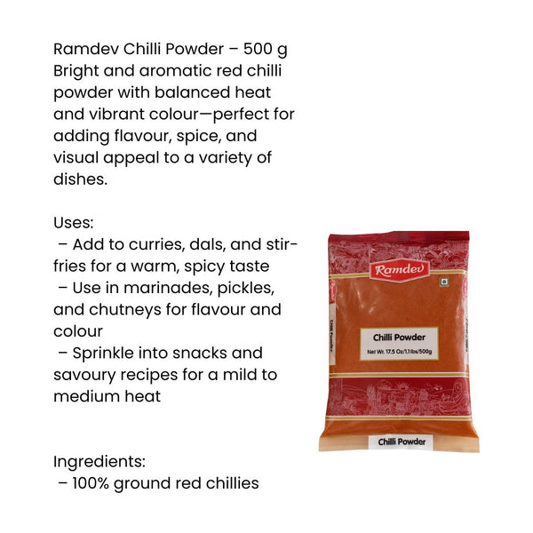 Ramdev Chilli Powder 500g – Pure & Spicy Indian Red Chili Powder | Bold Heat|BB:OCT.2026