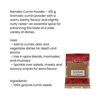 Ramdev Cumin Powder (Jeera Powder) | 100g - Aromatic Fresh Ground Cumin, Pure Indian Spice for Everyday Taco & Curry Seasoning | South Africa | India Bazaar