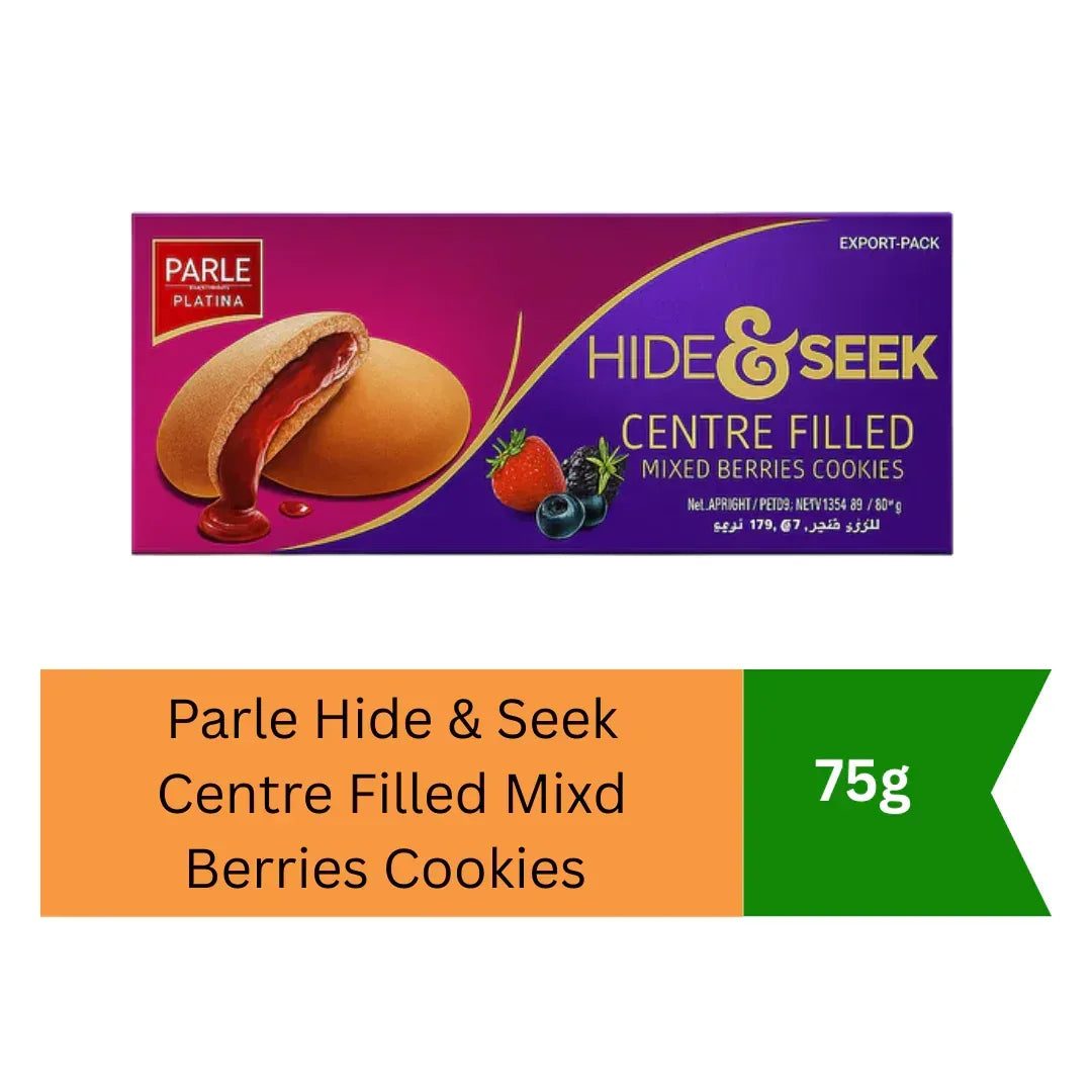 Parle Hide & Seek Centre Filled Mixed Berries Cookies | 75g - Crunchy Chocolate Cookies with Sweet Liquid Berry Center, Exotic Fruity Cocoa Dessert | South Africa | India Bazaar