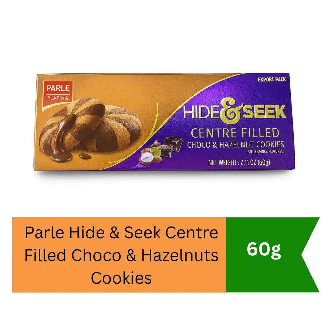 Parle Hide & Seek Centre Filled Choco & Hazelnuts Cookies | 60g - Premium Chocolate Biscuit Snack for Tea Time, Rich Melting Cocoa Center | South Africa | India Bazaar
