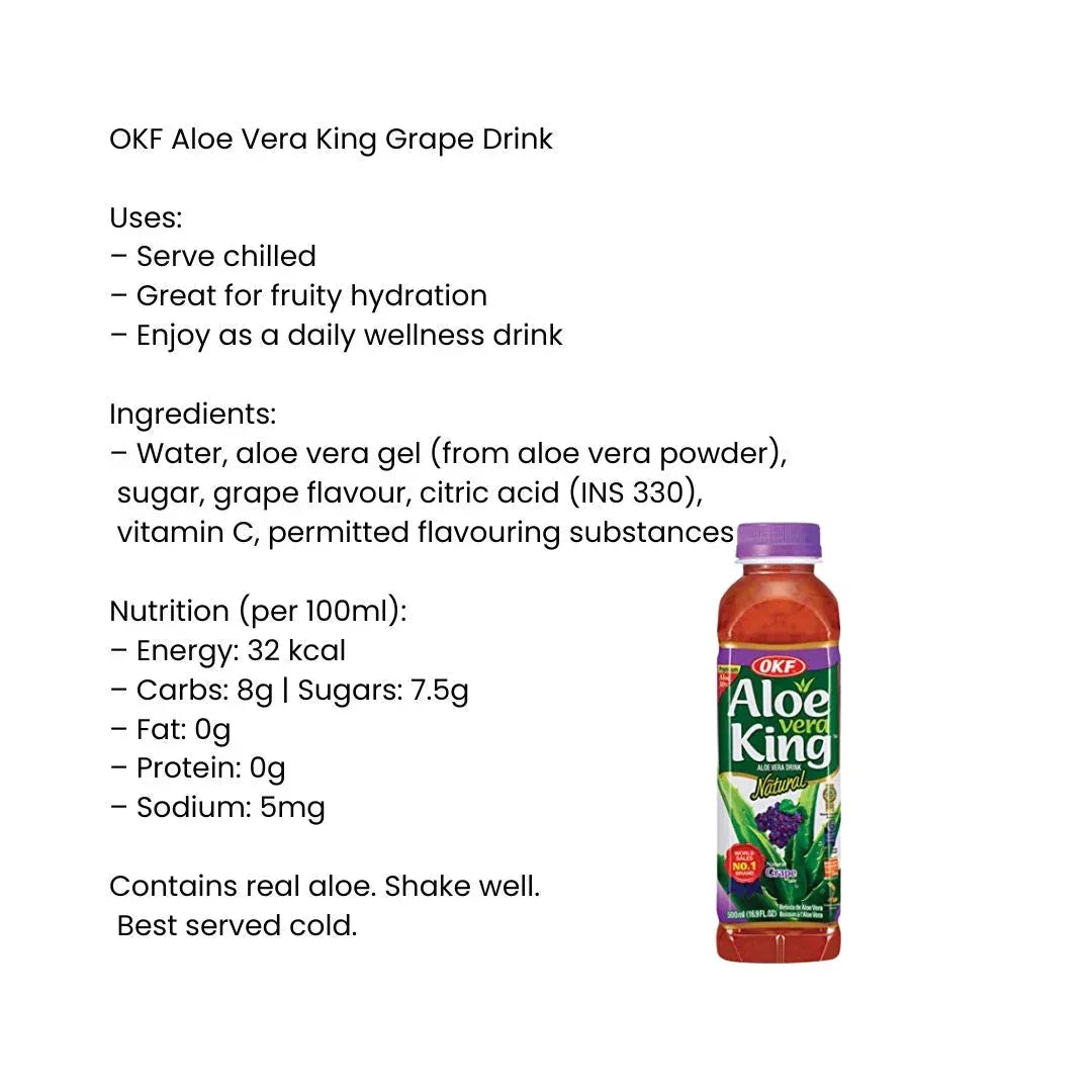 OKF Aloe Vera King Grape Drink | 500ml - Sweet Refreshing Fruit Juice Beverage with Real Aloe Vera Pulp Gel, Premium Hydration | South Africa | India Bazaar