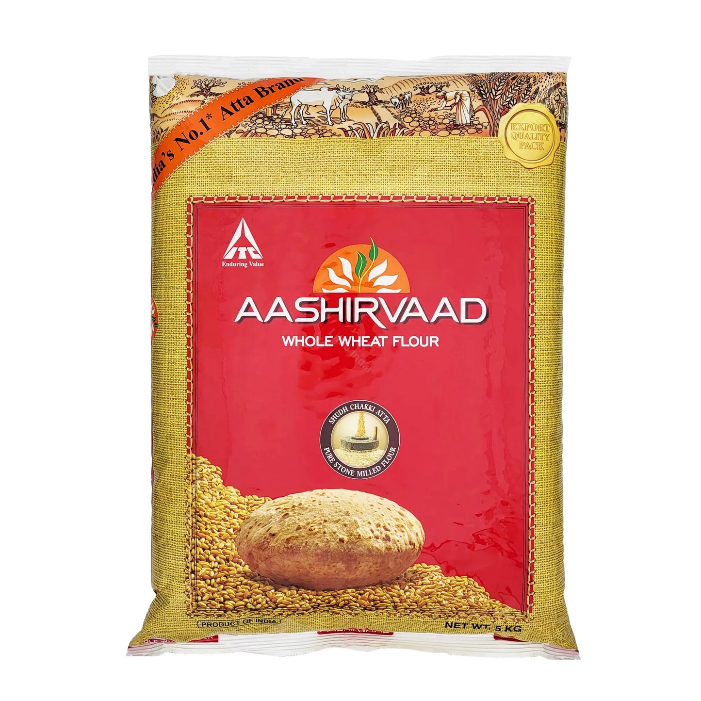 Aashirvaad Whole Wheat Flour / Atta | 5kg - Whole Wheat Flour for Chapati, Roti & Tortillas | Soft Flatbreads & Everyday Cooking | Value Bulk Pack | South Africa | India Bazaar