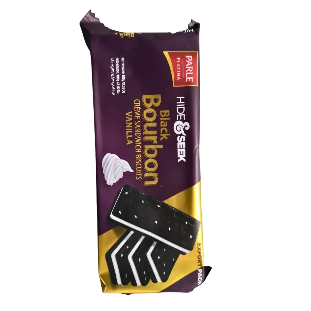 Parle Hide & Seek Black Bourbon Creme Sandwich Vanilla | 100g - Dark Rich Cocoa Biscuits with Smooth Vanilla Cream Layer, Sweet Everyday Treat | South Africa | India Bazaar