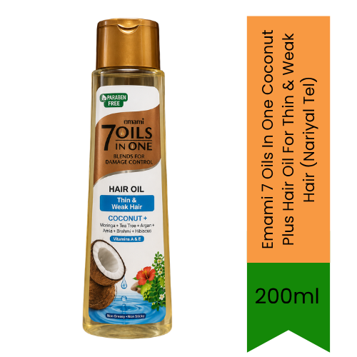 Emami 7 Oils In One Coconut Plus Hair Oil For Thin & Weak Hair (Nariyal Tel) | 200ml - Premium Pure Herbal Oil for Deep Nourishment & Scalp Health | Delivers Thicker, Stronger & Fuller Hair | South Africa | India Bazaar