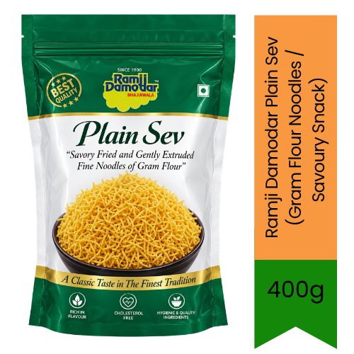 Ramji Damodar Plain Sev (Gram Flour Noodles / Savoury Snack) | 400g - Premium Crunchy Namkeen | Traditional Crisp & Mild Besan Snack | South Africa | India Bazaar