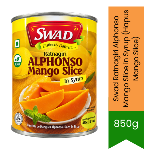 Swad Ratnagiri Alphonso Mango Slice in Syrup (Hapus Mango Chunks) | 850g - Premium Canned Fruit Slices | Tender Texture & Luscious Sweet Taste | South Africa | India Bazaar