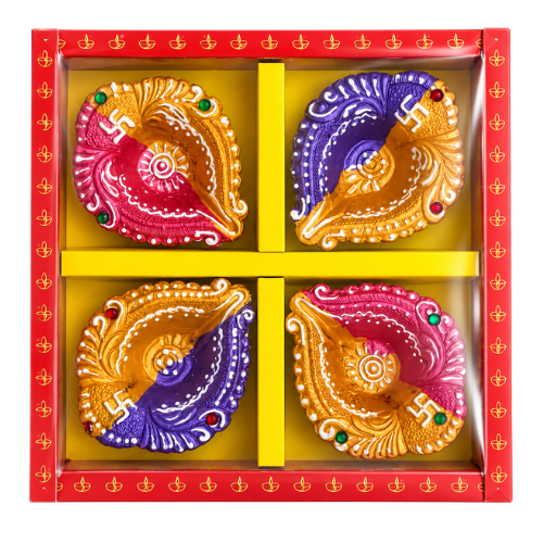 Generic Diwali Fancy Diya Set (Decorative Deepam) | Set of 4 - Colorful Traditional Earthen Terracotta Lamps for Threshold Welcome & Deepavali Rituals | South Africa | India Bazaar