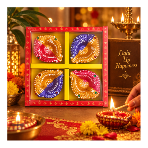 Generic Diwali Fancy Diya Set (Decorative Deepam) | Set of 4 - Colorful Traditional Earthen Terracotta Lamps for Threshold Welcome & Deepavali Rituals | South Africa | India Bazaar