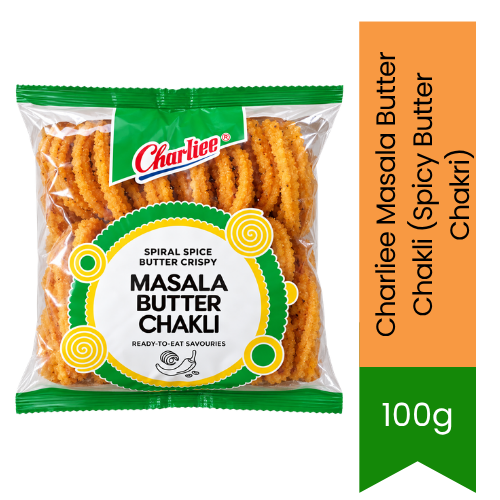 Charliee Masala Butter Chakli (Spicy Butter Chakri) | 100g - Crispy Spiral Gram Flour Savoury Mix | Premium Traditional Ready-to-Eat Afternoon Chai Snack with Rich Buttery Crunch | South Africa | India Bazaar