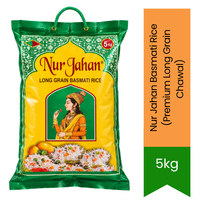 Nur Jahan Basmati Rice (Premium Long Grain Chawal) | 5kg - Selected Slender Aged Rice for Fluffy Everyday Steamed Rice & Pulaos, Non-Sticky Presentation | South Africa | India Bazaar
