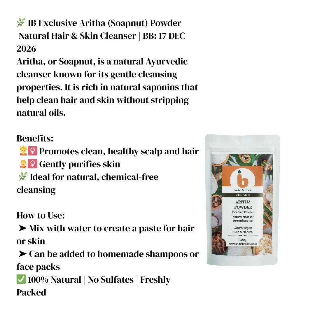IB Wellness Aritha Soapnut Powder Natural Cleanser (Reetha Powder) | Standard Pack - Pure Chemical-Free Hypoallergenic Saponin Extract for Organic Hair Washing & Sensitive Scalp Care | South Africa | India Bazaar