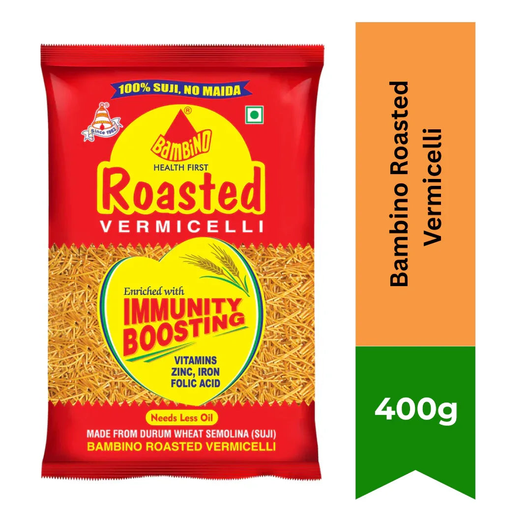 Bambino Roasted Vermicelli (Bhuni Seviyan) | 400g - Pre-Roasted Wheat Noodles for Making Sweet Kheer Pudding, Sheer Khurma & Savoury Breakfast Upma | South Africa | India Bazaar