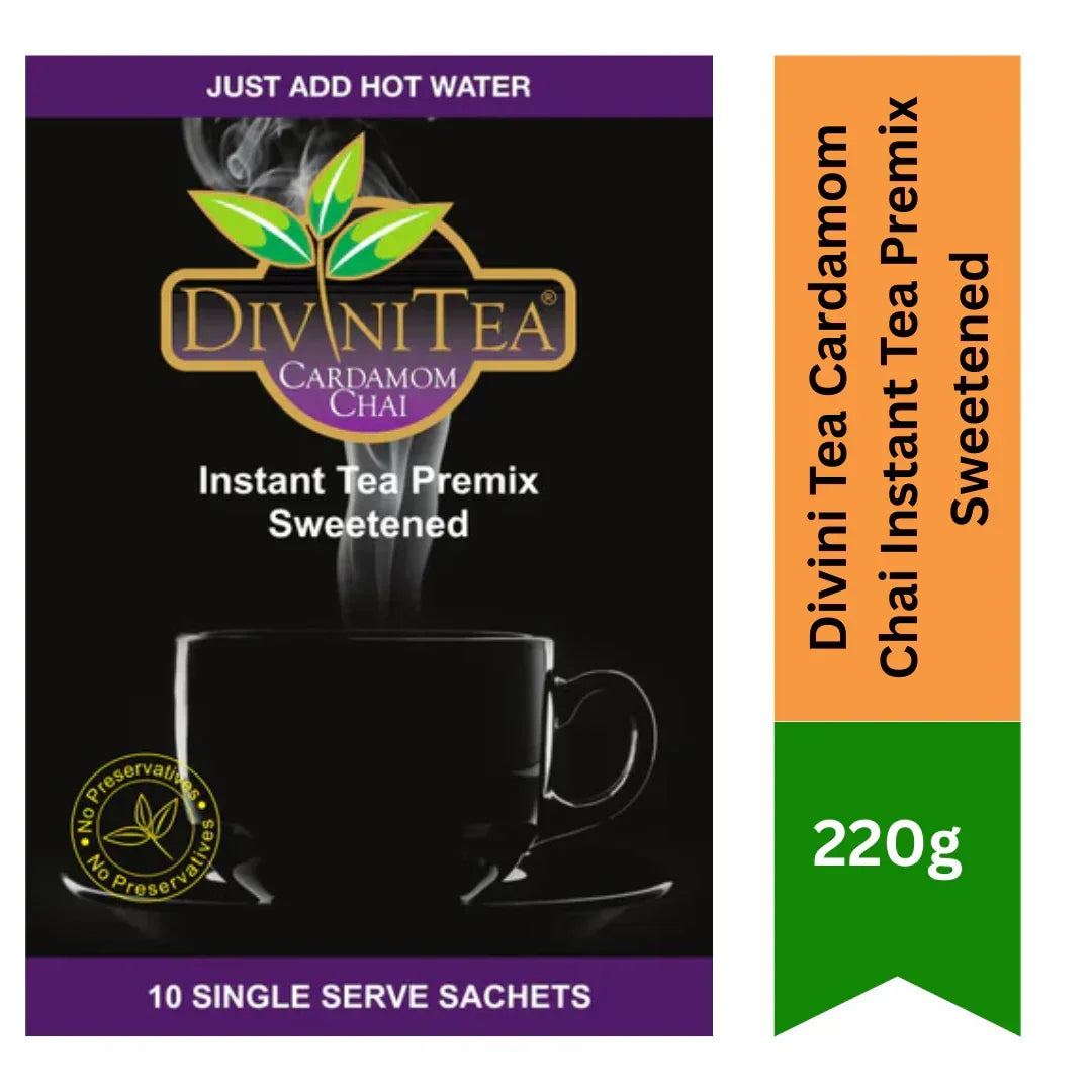 Divini Tea Cardamom Chai Instant Tea Premix Sweetened (Elaichi Chai) | 160g - Rich & Creamy 3-in-1 Cardamom Milk Tea Powder, Ready-in-Minutes Cafe Style Drink | South Africa | India Bazaar