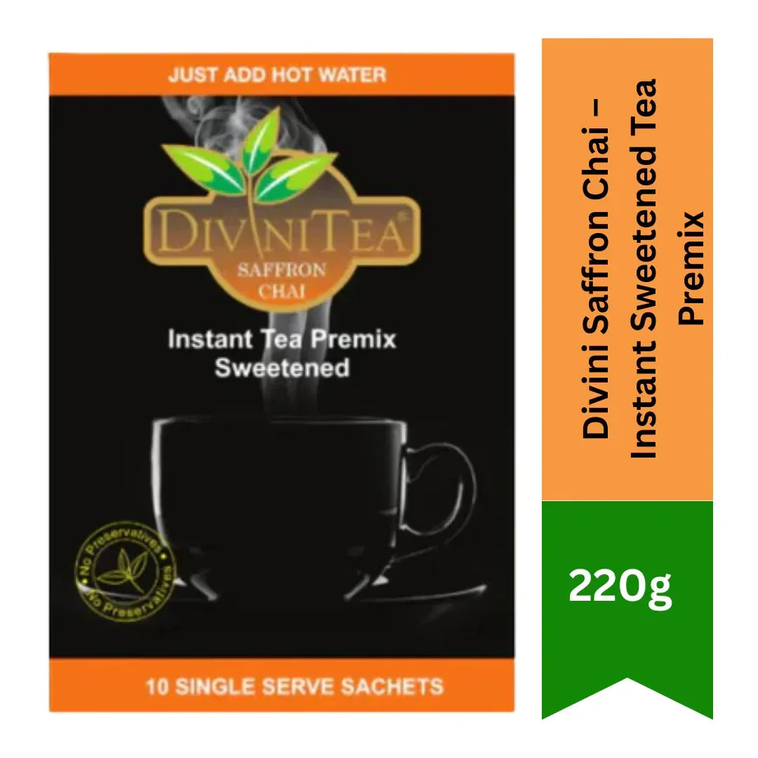 Divini Saffron Chai (Kesar Tea) | 10 Pack - Instant Sweetened Tea Premix for Office & Travel, Exotic Rich Indian Flavor | South Africa | India Bazaar