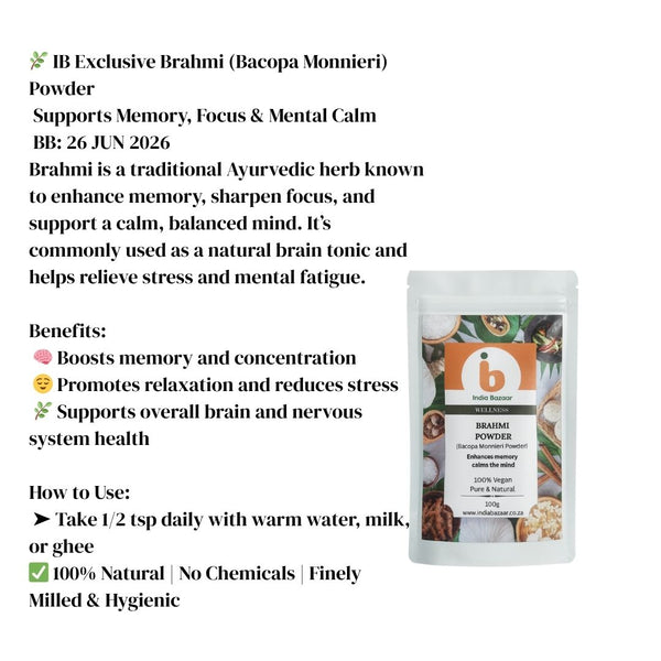 IB Exclusive Brahmi (Bacopa Monnieri) Powder – Ayurvedic Brain Tonic for Memory, Focus & Stress Relief|BB:26.JUN.2026