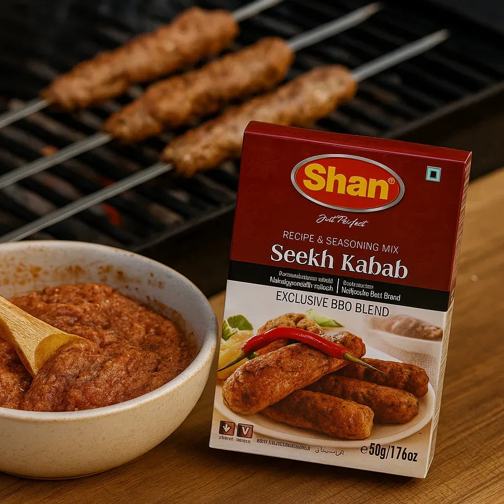 Shan Seekh Kabab Seasoning and Tandoori Skewer Mix | 50g - Richly Spiced Warm Aromatic Ground Meat Binder for Charcoal Braai or Grilled Mince Roll-Ups | South Africa | India Bazaar