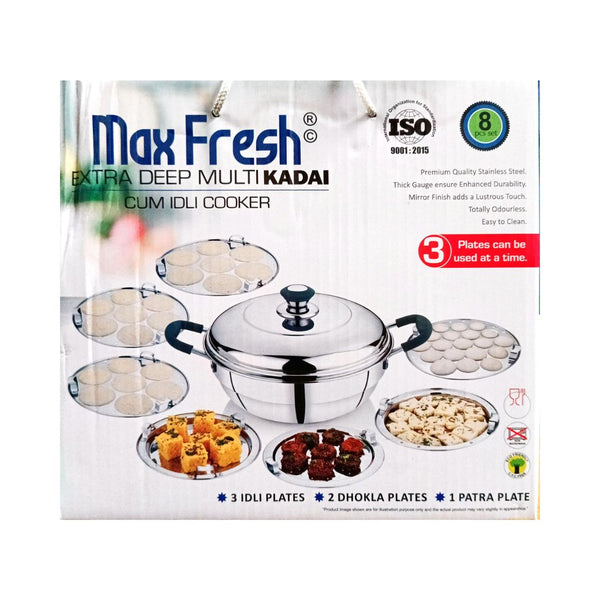 Max Fresh Extra Deep Multi Kadai and Idly pot or cooker 8Pc Set