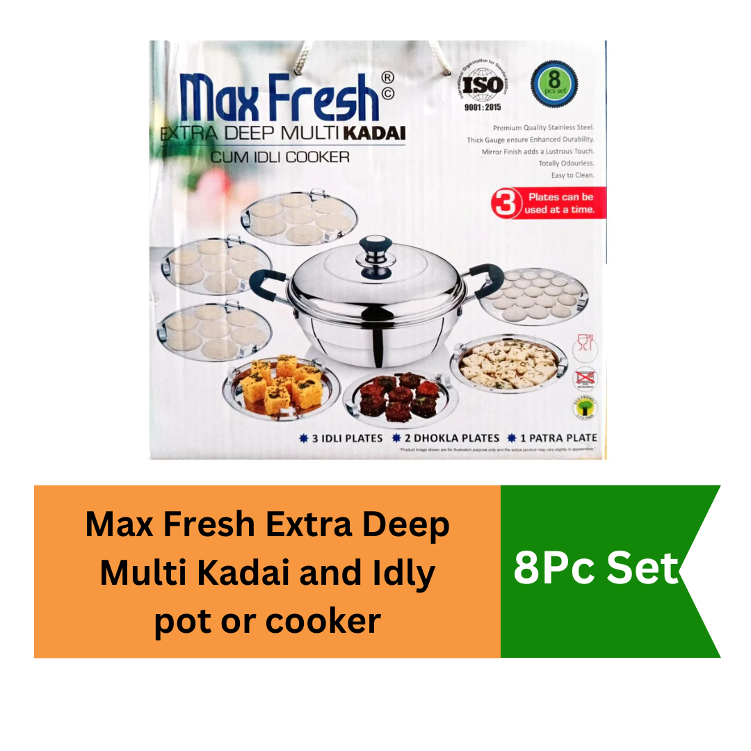 Max Fresh Extra Deep Multi Kadai and Idly pot or cooker 8Pc Set