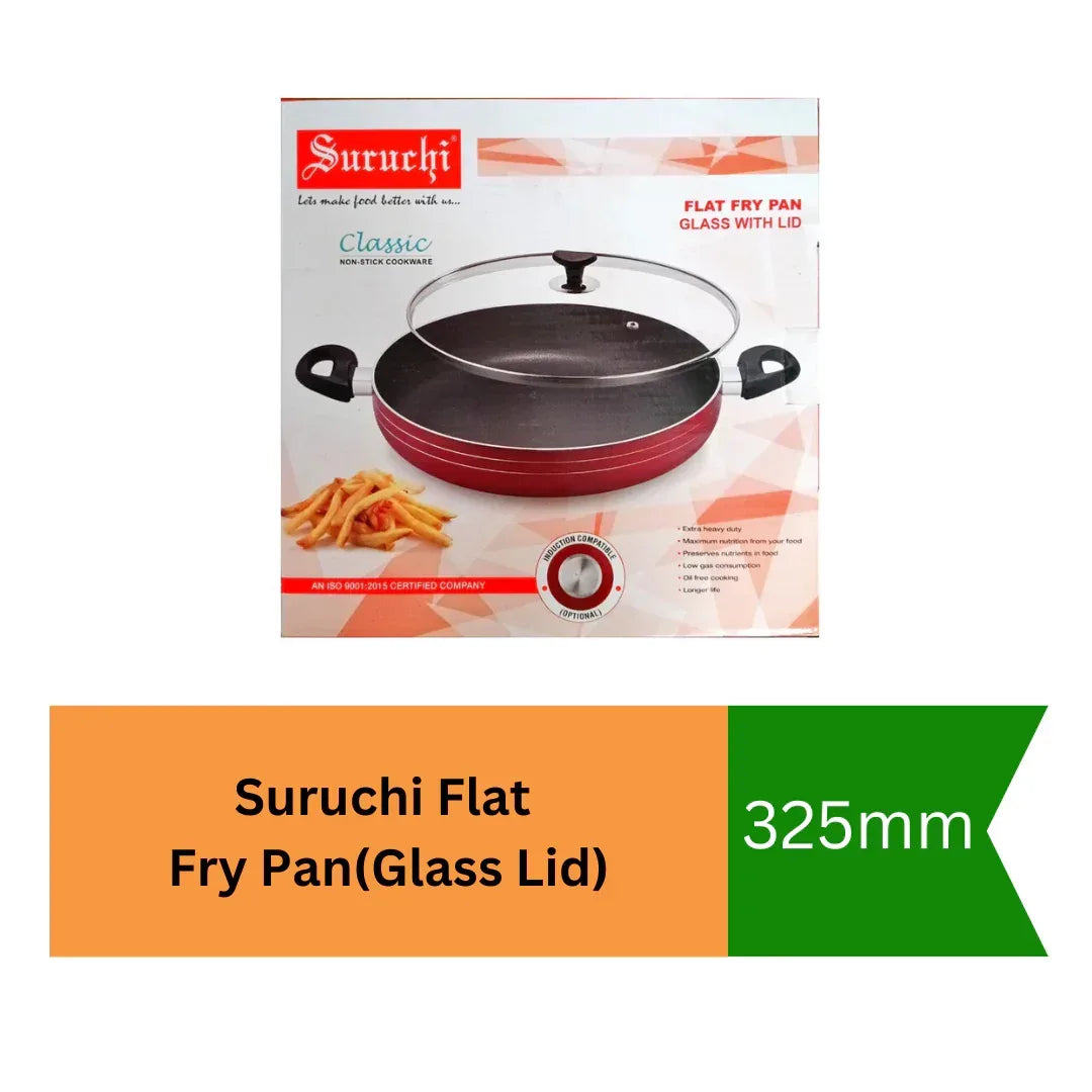 Suruchi Flat Fry Pan with Glass Lid | 325mm - Wide Non-Stick Sauté Pan for Frying, Omelettes & Shallow Roasting, Smart Moisture Control | South Africa | India Bazaar
