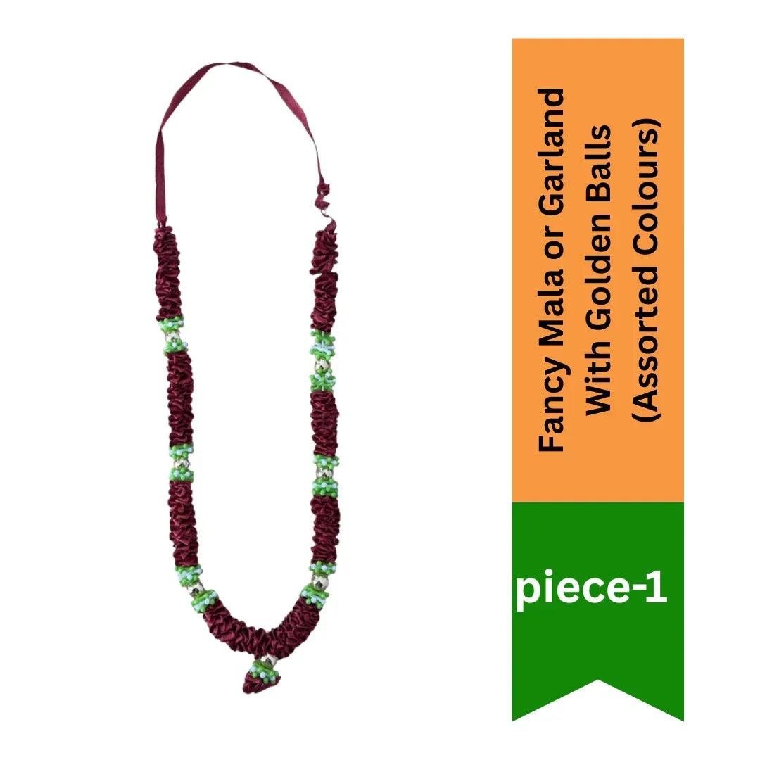 Generic Fancy Mala Garland with Golden Balls | Assorted Vibrant Festive Beads for Deity Murti Decoration, Photo Frames & Mandir Aesthetics | South Africa | India Bazaar