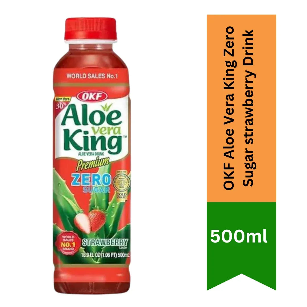 OKF Aloe Vera King Zero Sugar Strawberry Drink | 500ml - Diet-Friendly Fruity Juice Beverage, No Sugar Added Hydration with Aloe Pulp | South Africa | India Bazaar