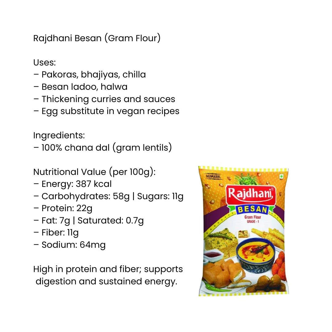 Rajdhani Besan (Gram Flour) | 1kg - Premium Pure Chana Dal Flour for Sweets, Snacks, Pakoras & Batter | Delivers Authentic Taste & Superior Texture | South Africa | India Bazaar
