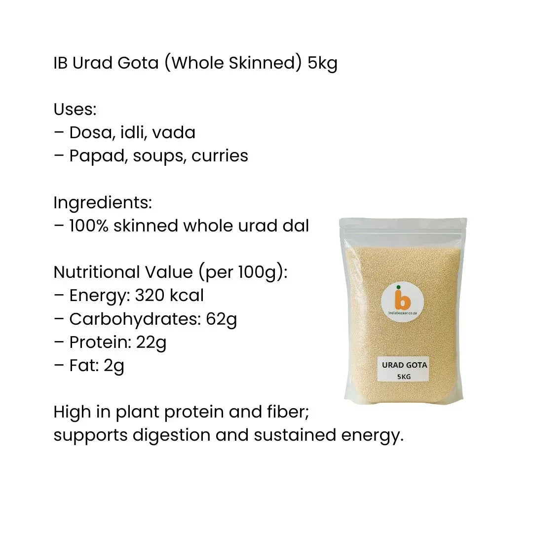 IB Whole Urad Gota / Whole Skinned Black Gram 5kg | High Protein, Hearty & Versatile | Perfect for Soups, Curries & Meals | South Africa | India Bazaar