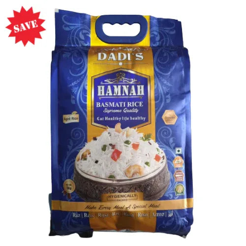 Dadi's Hamnah Basmati Rice (Premium Aged Chawal) | 5kg - Selected Slender Grain for Fluffy Everyday Steamed Rice & Pulaos, Non-Sticky Light Texture | South Africa | India Bazaar