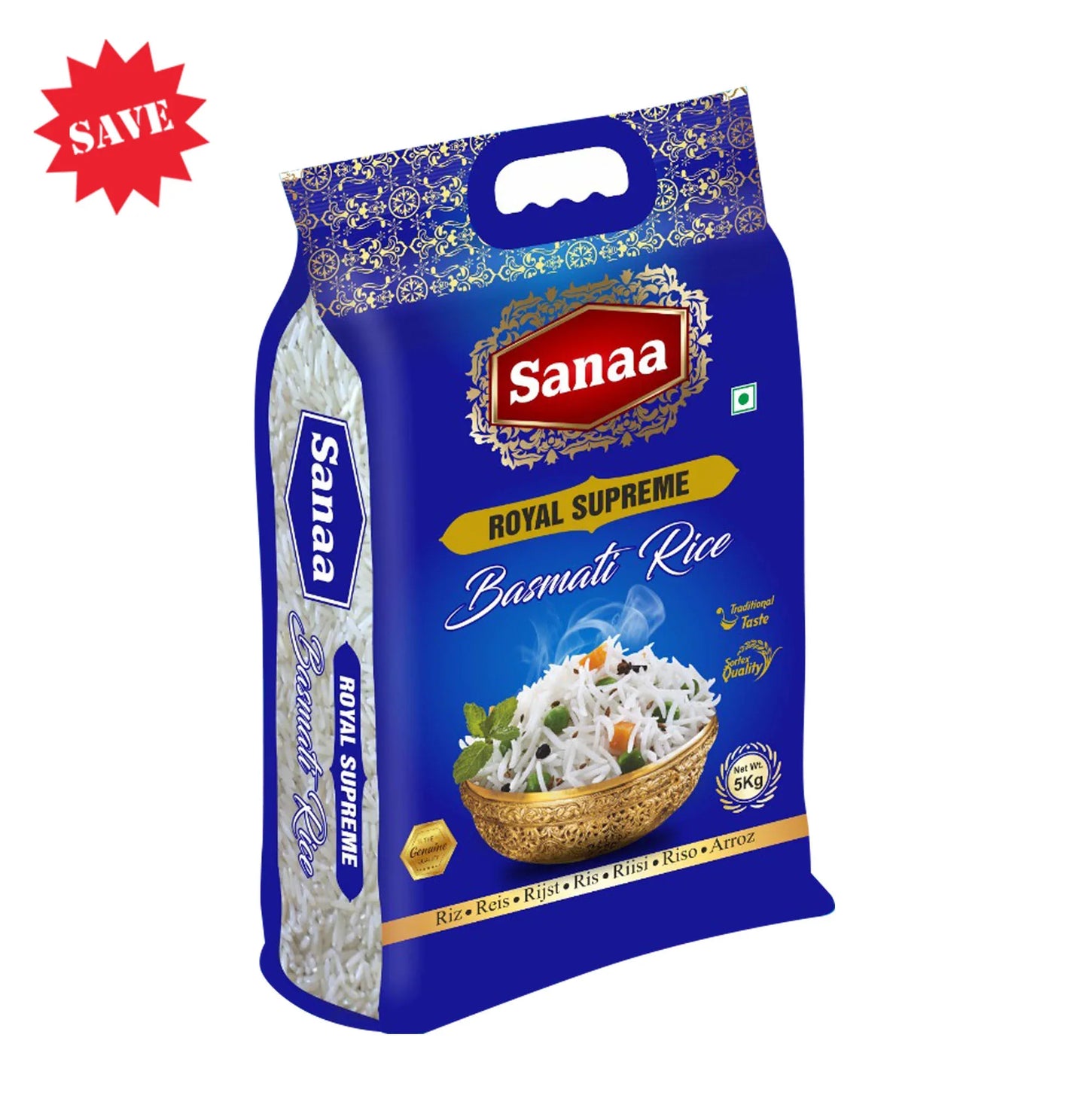 Sanaa Royal Supreme Basmati Rice (Premium Export Quality Chawal) | 5kg - Carefully Selected Aromatic Long Grain for Fluffy Side Dishes & Royal Pilafs | South Africa | India Bazaar