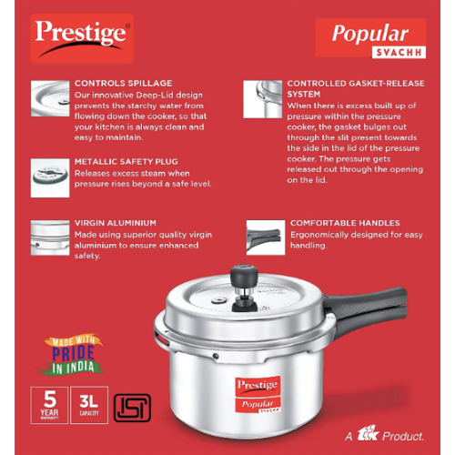 Prestige Popular Svachh Aluminium Pressure Cooker 3L