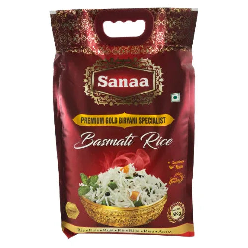 Sanaa Premium Gold Biryani Specialist Basmati Rice | 5kg - Extra-Long Aged Grain Designed to Resist Breakage in Heavy Layered Meat & Chicken Biryanis | South Africa | India Bazaar